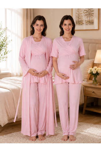 Effortt 3034 Pudra Sabahlıklı Hamile Lohusa Pijama Takımı